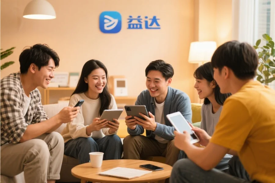 一群年轻用户围坐在一起，使用平板和手机愉快地交流，背景温馨现代，象征先锋应用的社区活跃氛围